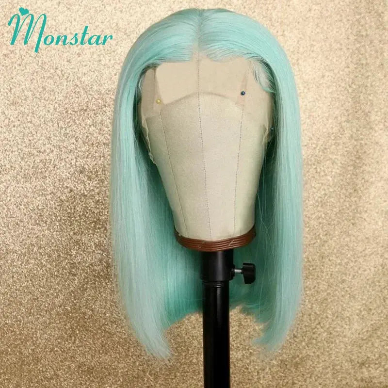 Mint Green Colored Straight Human Hair Bob Frontal Transparent Lace T.L.H.M