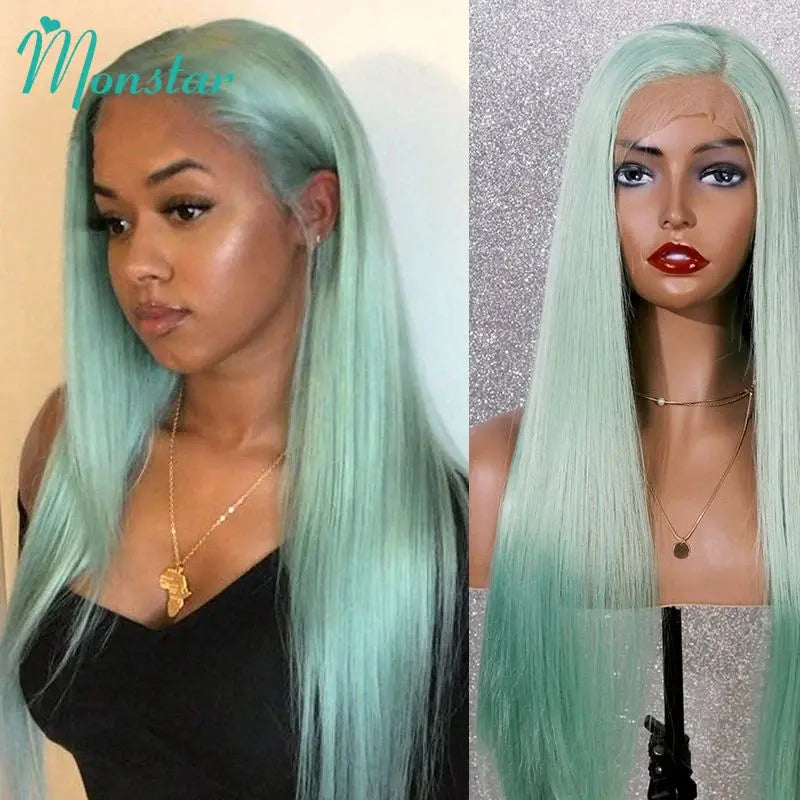 Mint Green Color Straight / Body Wave Lace Front Human Hair Wigs Transparent Lace T.L.H.M