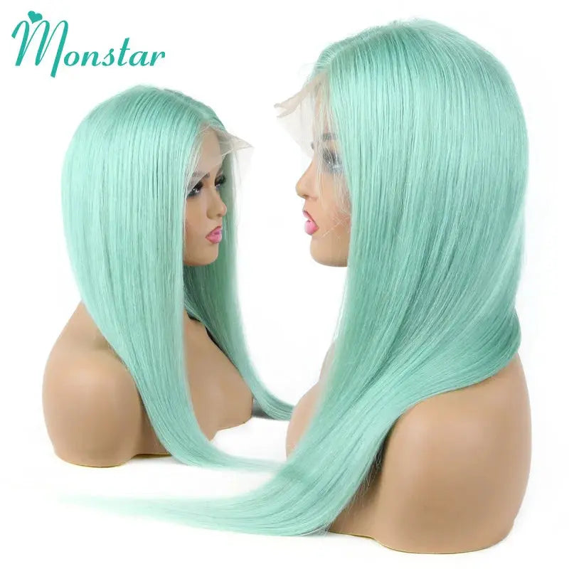 Mint Green Color Straight / Body Wave Lace Front Human Hair Wigs Transparent Lace T.L.H.M