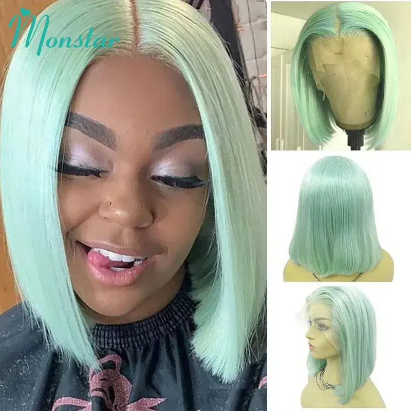 Mint Green Colored Straight Human Hair Bob Frontal Transparent Lace T.L.H.M