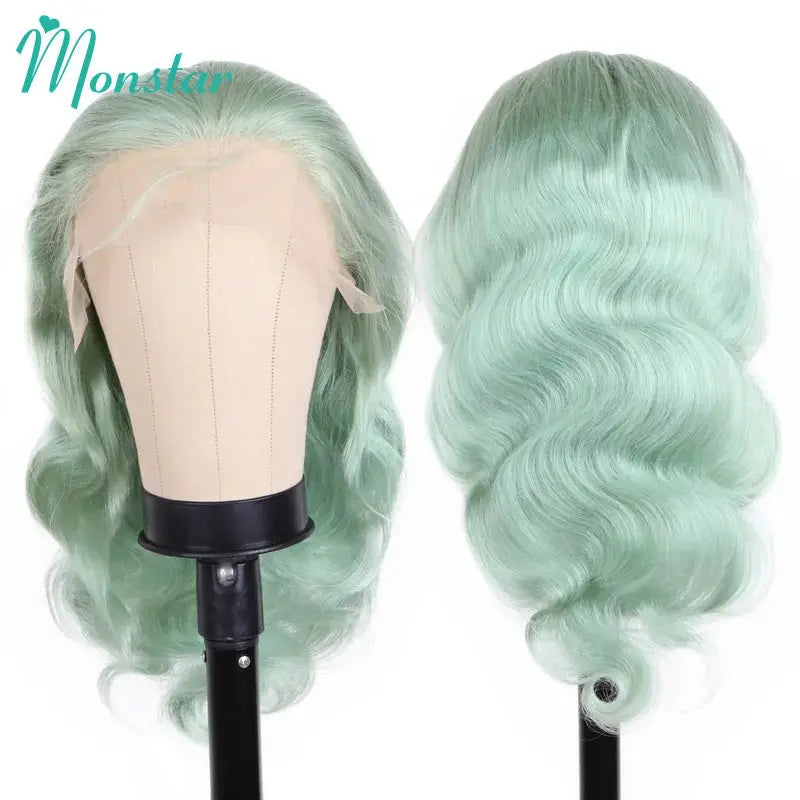 Mint Green Color Straight / Body Wave Lace Front Human Hair Wigs Transparent Lace T.L.H.M