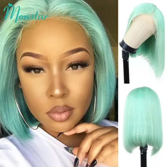 Mint Green Colored Straight Human Hair Bob Frontal Transparent Lace T.L.H.M