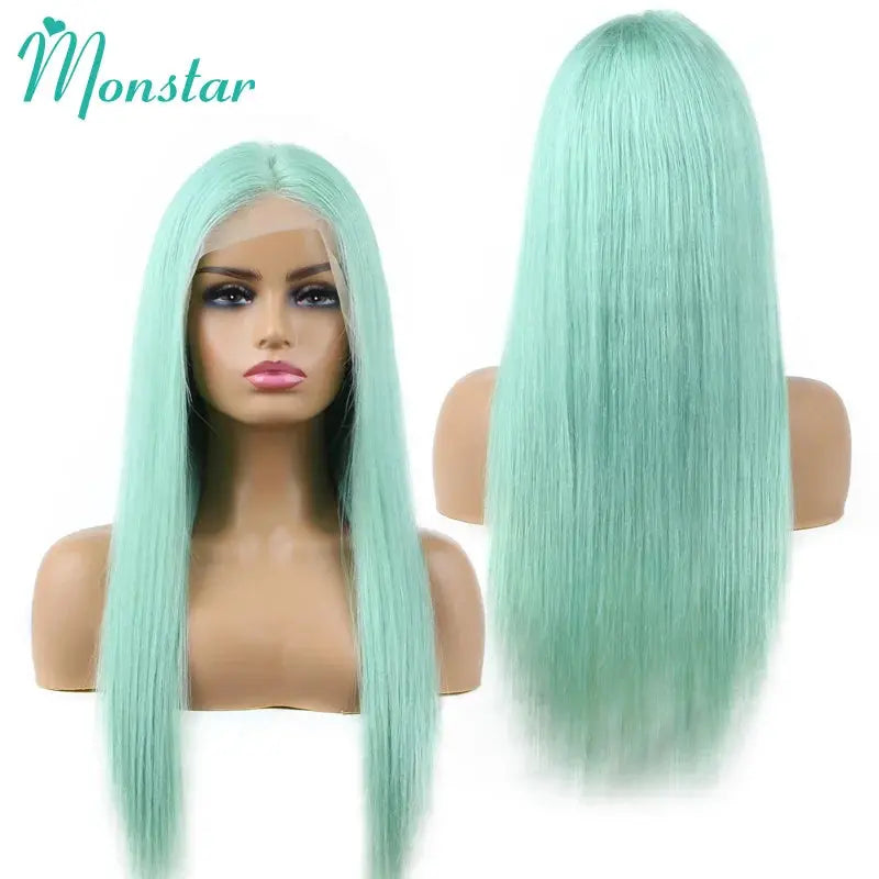 Mint Green Colored Straight Human Hair Bob Frontal Transparent Lace T.L.H.M