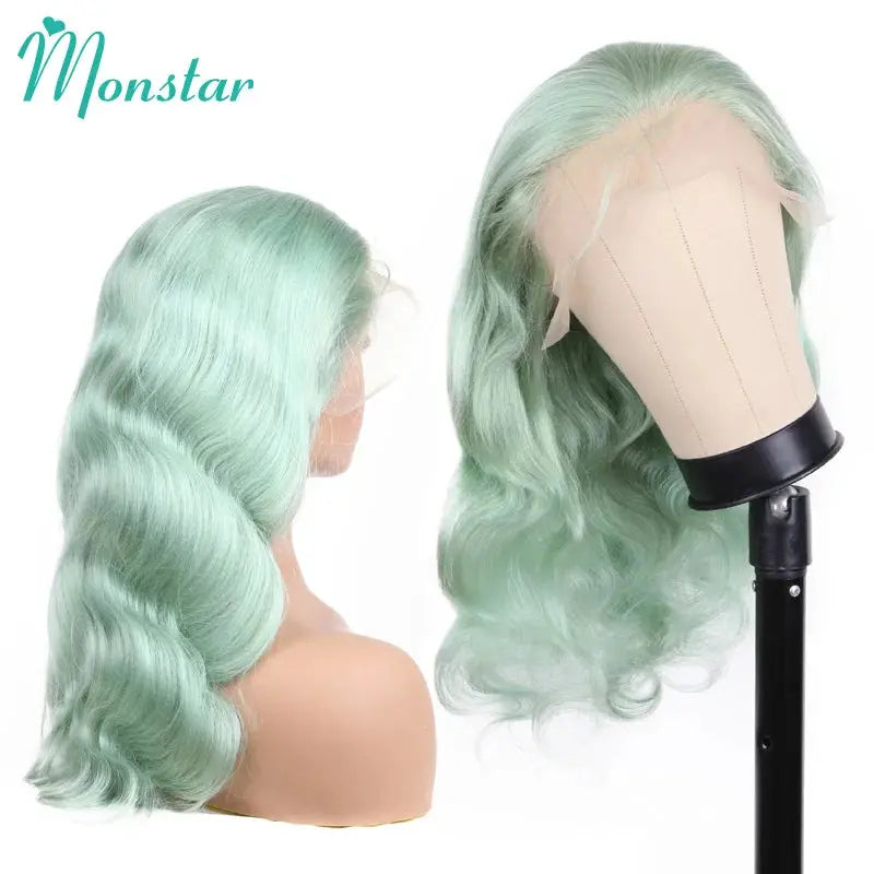 Mint Green Color Straight / Body Wave Lace Front Human Hair Wigs Transparent Lace T.L.H.M