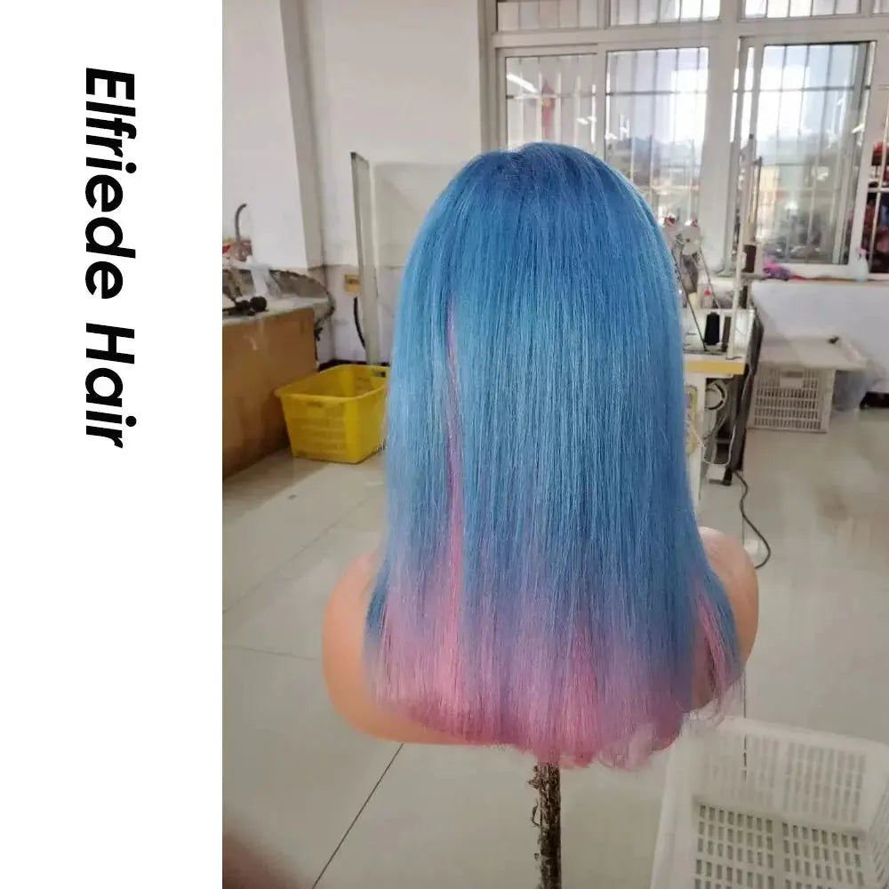 Elfriede Blue/Pink Straight Colored Lace Front Wigs Transparent Lace 100% Human Hair T.L.H.M