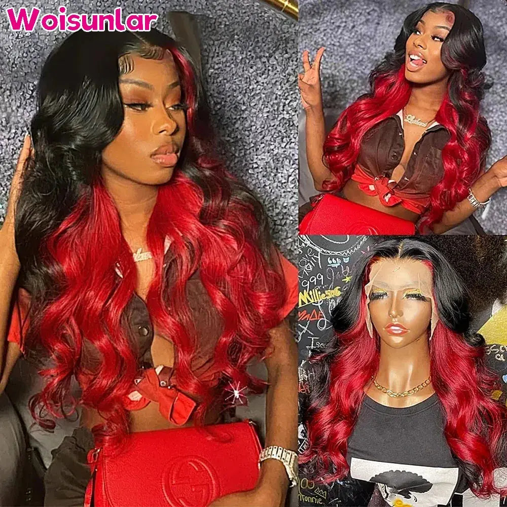 Ombre Red and Black Transparent 13x4 13x6 Body Wave Lace Frontal Wigs PrePlucked Glueless 6x4 Lace Closure human hair wigs 100% T.L.H.M