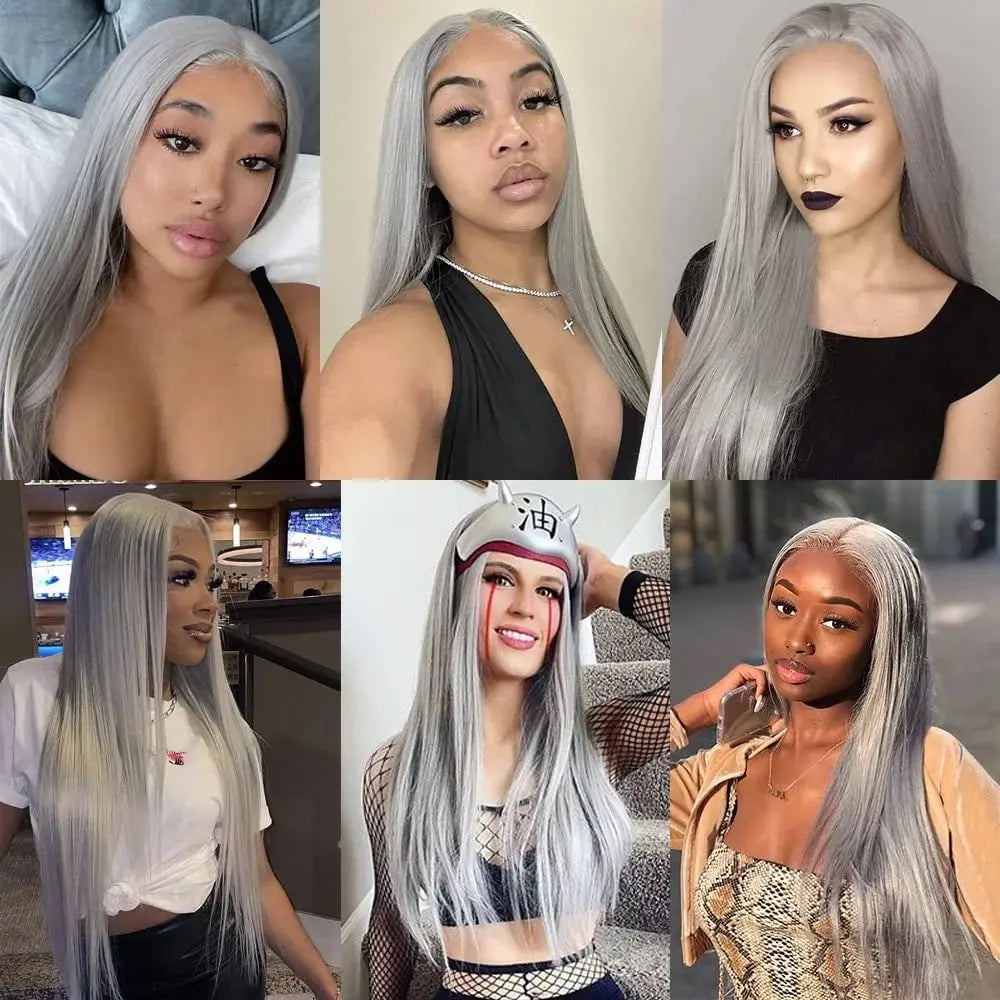 HD 13x6 Grey Lace Front Human Hair Wigs Glueless Brazilian Sliver Gray Colored Straight Transparent Lace Frontal Wig Pre Pucked T.L.H.M