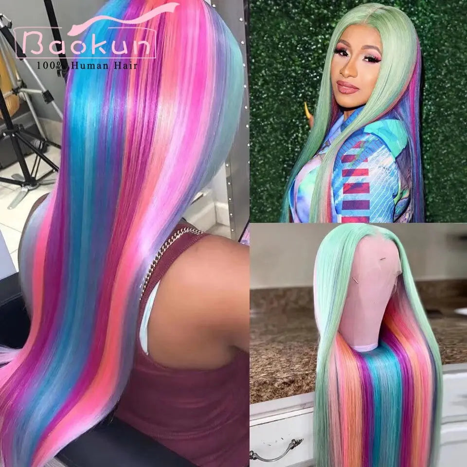 Rainbow Straight Lace Front Wig – Human Hair, Glueless, 13x4/13x6, Blue, Green, Purple, Pink T.L.H.M