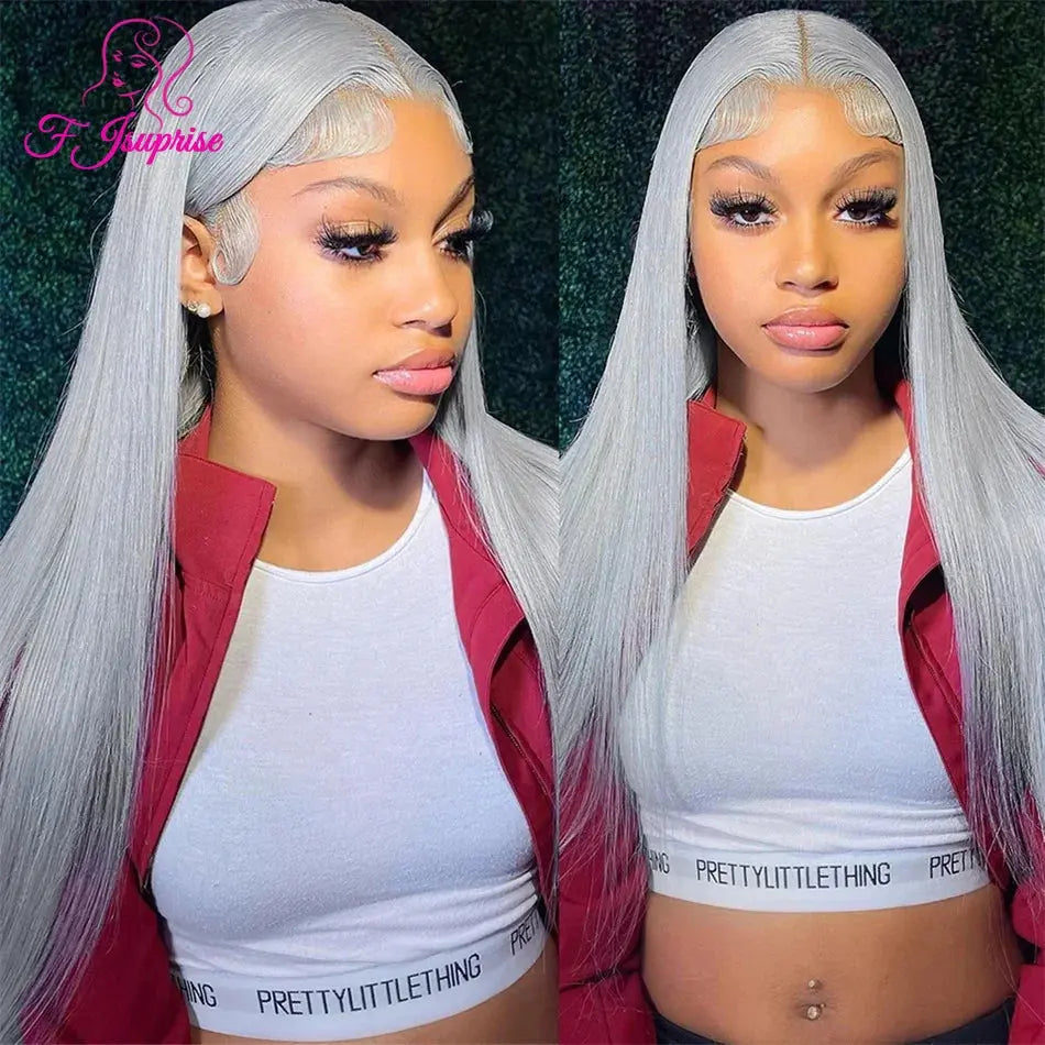 HD 13x6 Grey Lace Front Human Hair Wigs Glueless Brazilian Sliver Gray Colored Straight Transparent Lace Frontal Wig Pre Pucked T.L.H.M