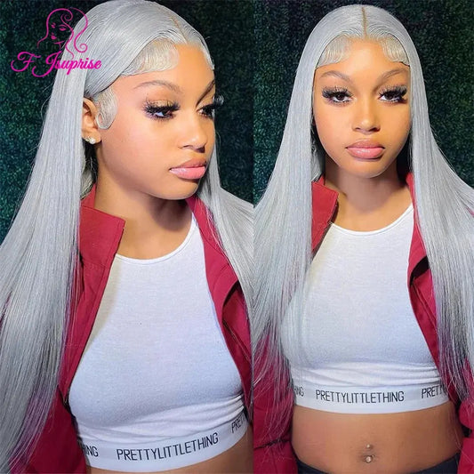 HD 13x6 Grey Lace Front Human Hair Wigs Glueless Brazilian Sliver Gray Colored Straight Transparent Lace Frontal Wig Pre Pucked T.L.H.M