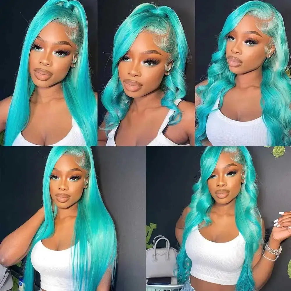 Mint Green Colored 13x4 HD Straight Human Hair/ Wigs Body Wave Pre Plucked Lace Front Wig T.L.H.M