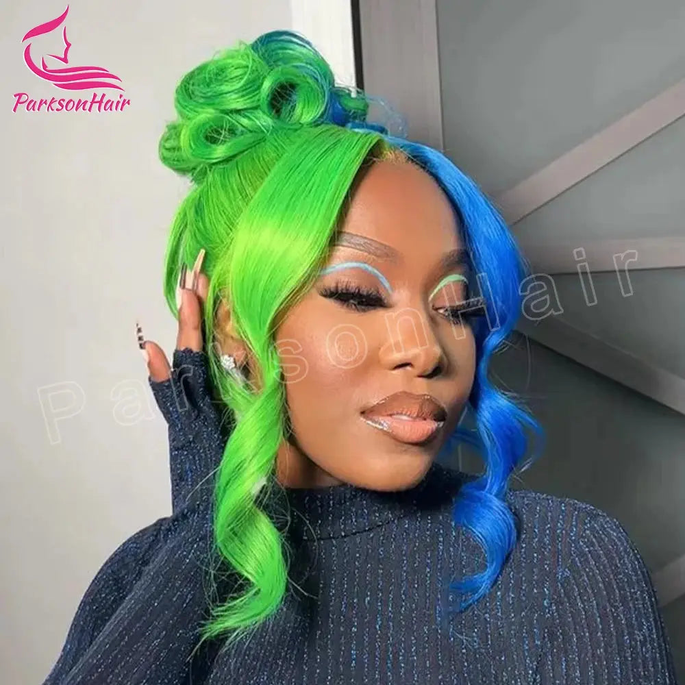 Highlight Black With green 13x6 HD Lace Frontal Wigs Human Hair Wig For Black Women Brazilian Hair Glueless T Part Lace Wigs T.L.H.M