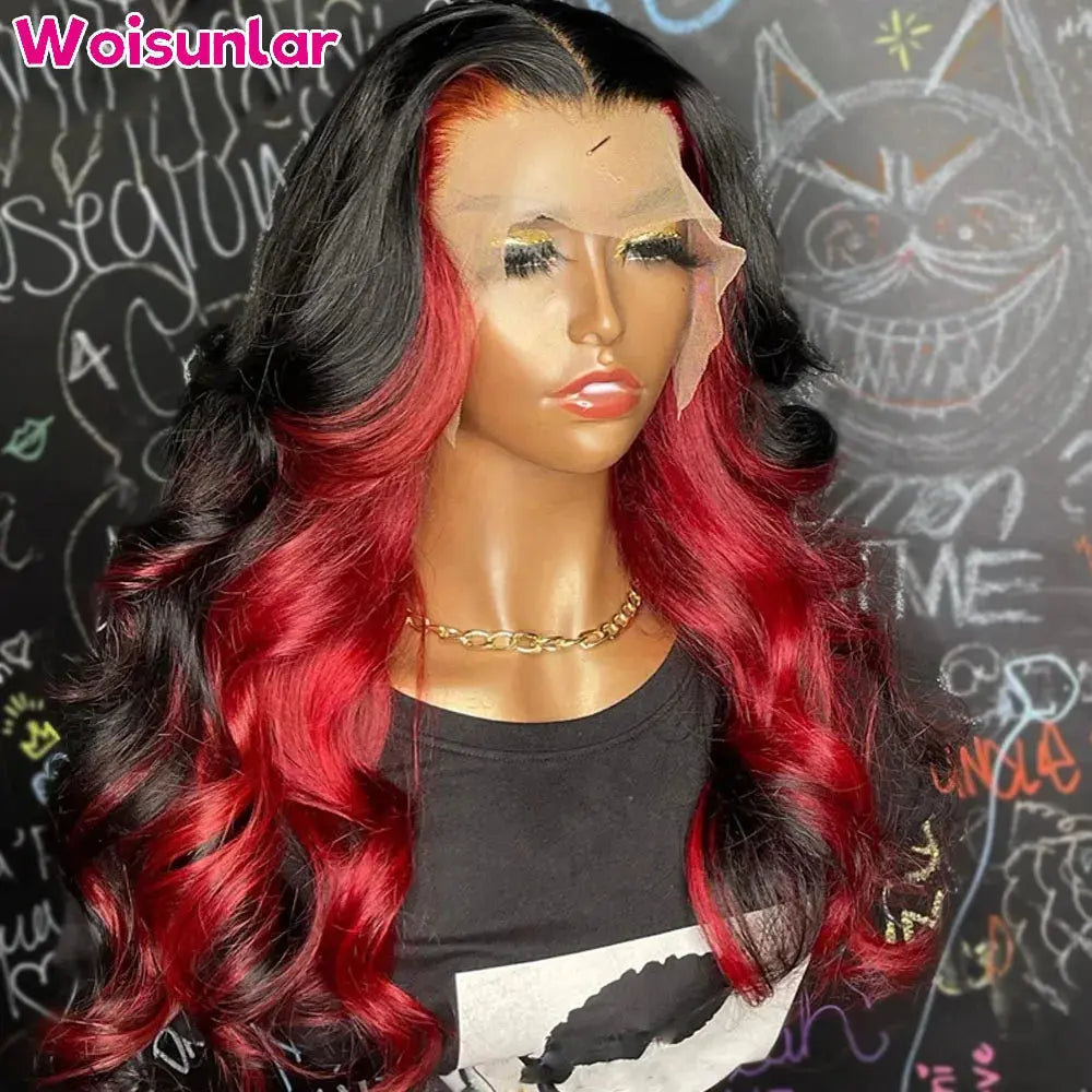 Ombre Red and Black Transparent 13x4 13x6 Body Wave Lace Frontal Wigs PrePlucked Glueless 6x4 Lace Closure human hair wigs 100% T.L.H.M