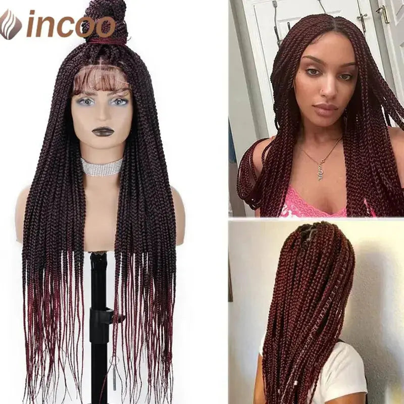 36" Full Lace Knotless Braided Wigs Black Small Box Square Hair Wigs T.L.H.M