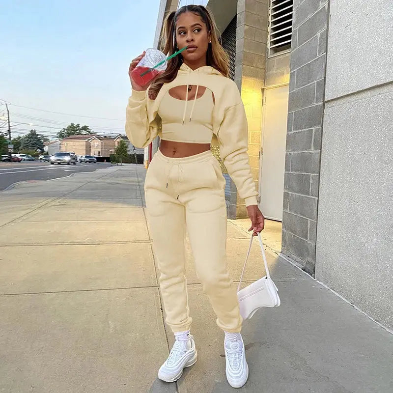 Women 3 Pieces Sets Sweatpants and Hoodie Set Cropped Tops Fleece Pants Suit Tracksuit Fitness Sport Jogger Outfit Clothing T.L.H.M