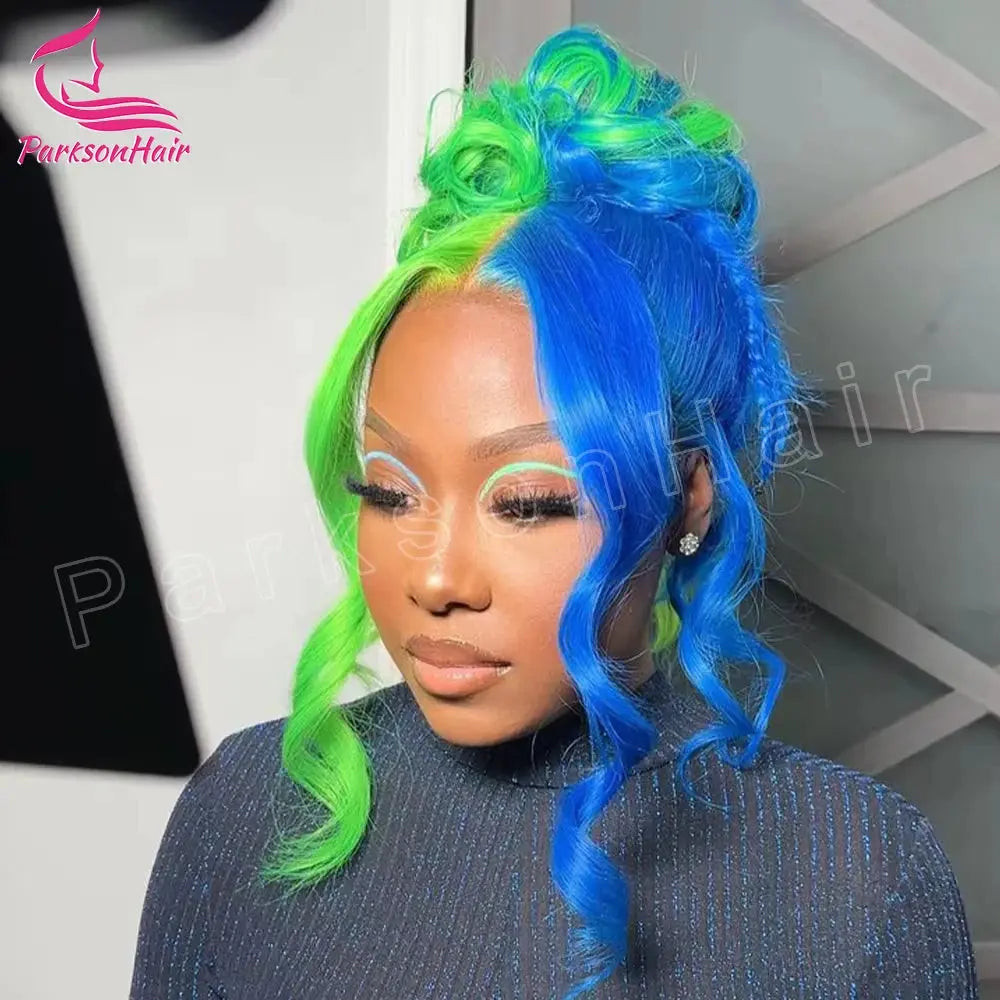 Highlight Black With green 13x6 HD Lace Frontal Wigs Human Hair Wig For Black Women Brazilian Hair Glueless T Part Lace Wigs T.L.H.M