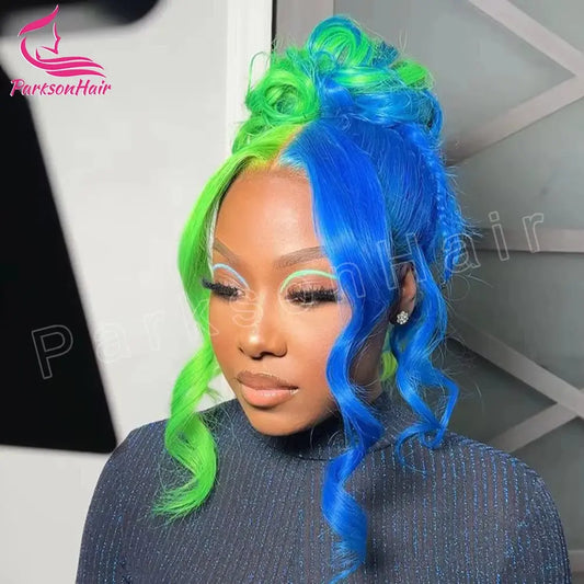 Highlight Black With green 13x6 HD Lace Frontal Wigs Human Hair Wig For Black Women Brazilian Hair Glueless T Part Lace Wigs T.L.H.M