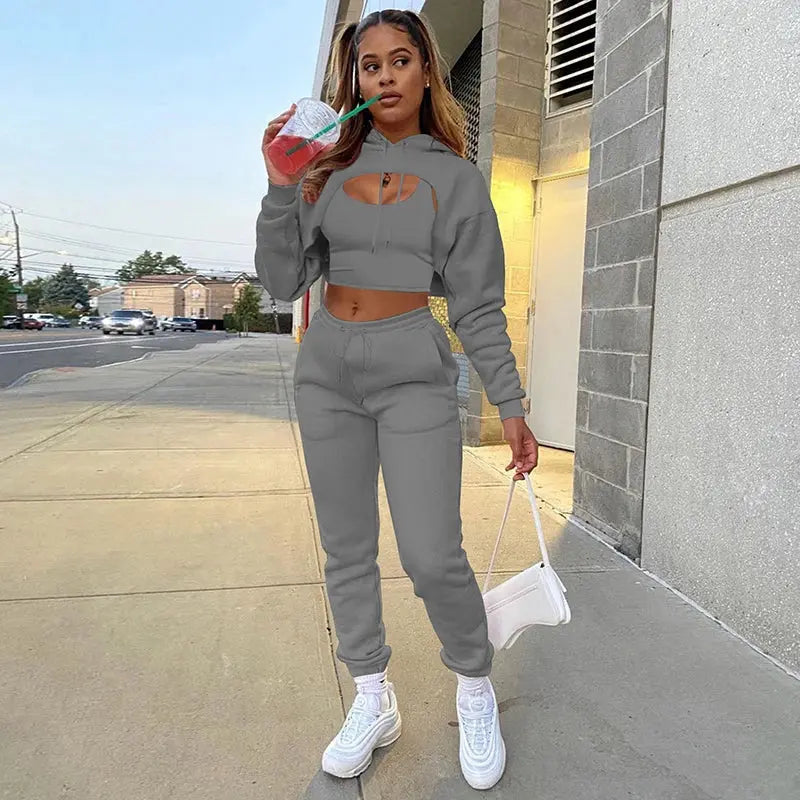 Women 3 Pieces Sets Sweatpants and Hoodie Set Cropped Tops Fleece Pants Suit Tracksuit Fitness Sport Jogger Outfit Clothing T.L.H.M