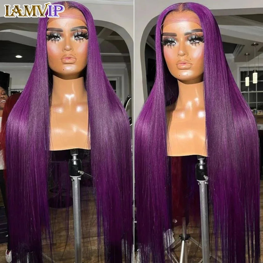 30 36 inch 200% High Density Human Hair Bone Straight Purple 13x4 Lace Glueless Go