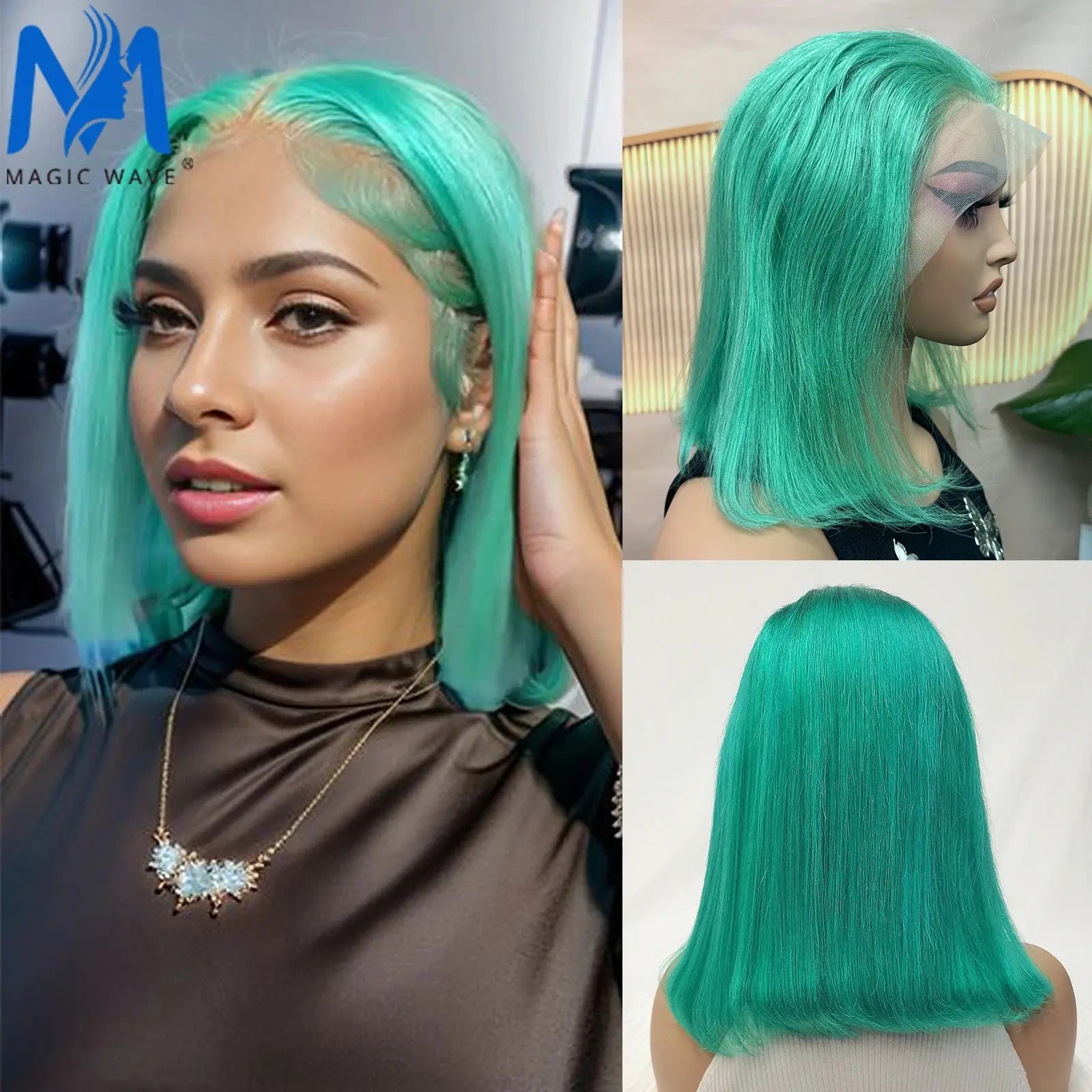 10-16 Inches Mint Green & Straight Short Bob 13x4 Lace Brazilian Remy Human Hair Wig T.L.H.M