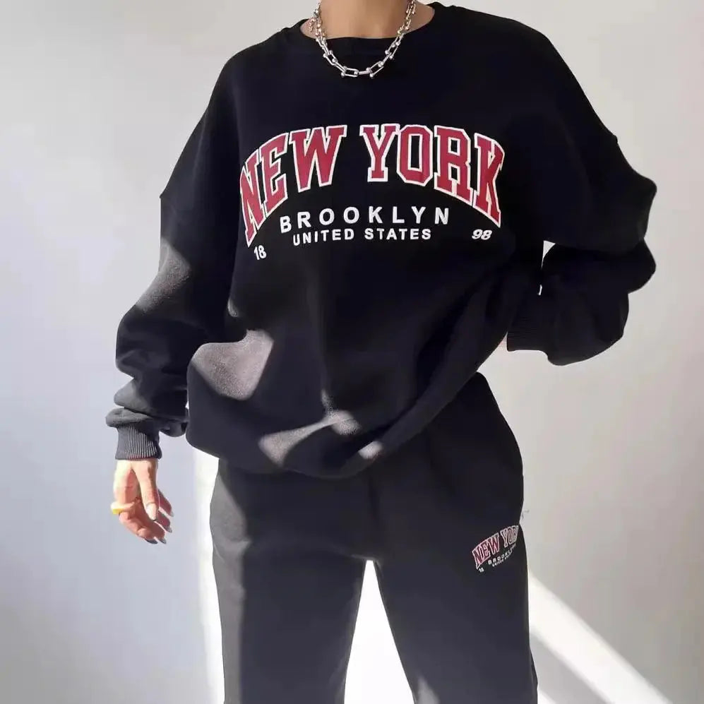 Creative Letter Loose Funky Crew Neck Long Sleeve Two Piece Set T.L.H.M