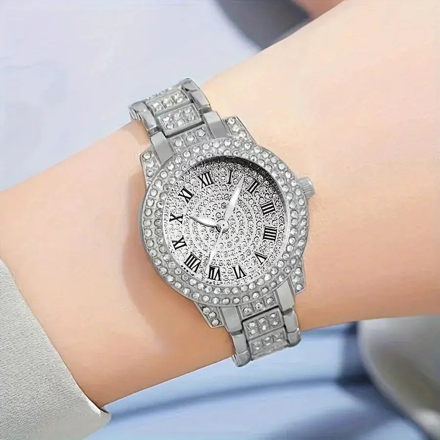 6pcs/set Women's Watch Luxury Rhinestone Quartz Watch Shiny Fashion Analog Wrist Watch & Jewelry Set, Gift For Mom Her T.L.H.M