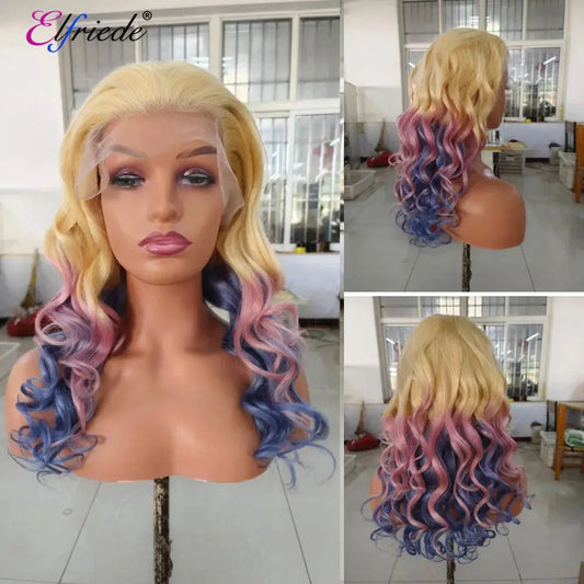 Elfriede #613/Pink/Blue Lace Loose Wave HD Lace Frontal Wig Colored Remy T.L.H.M