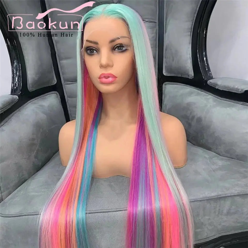 Rainbow Straight Lace Front Wig – Human Hair, Glueless, 13x4/13x6, Blue, Green, Purple, Pink T.L.H.M