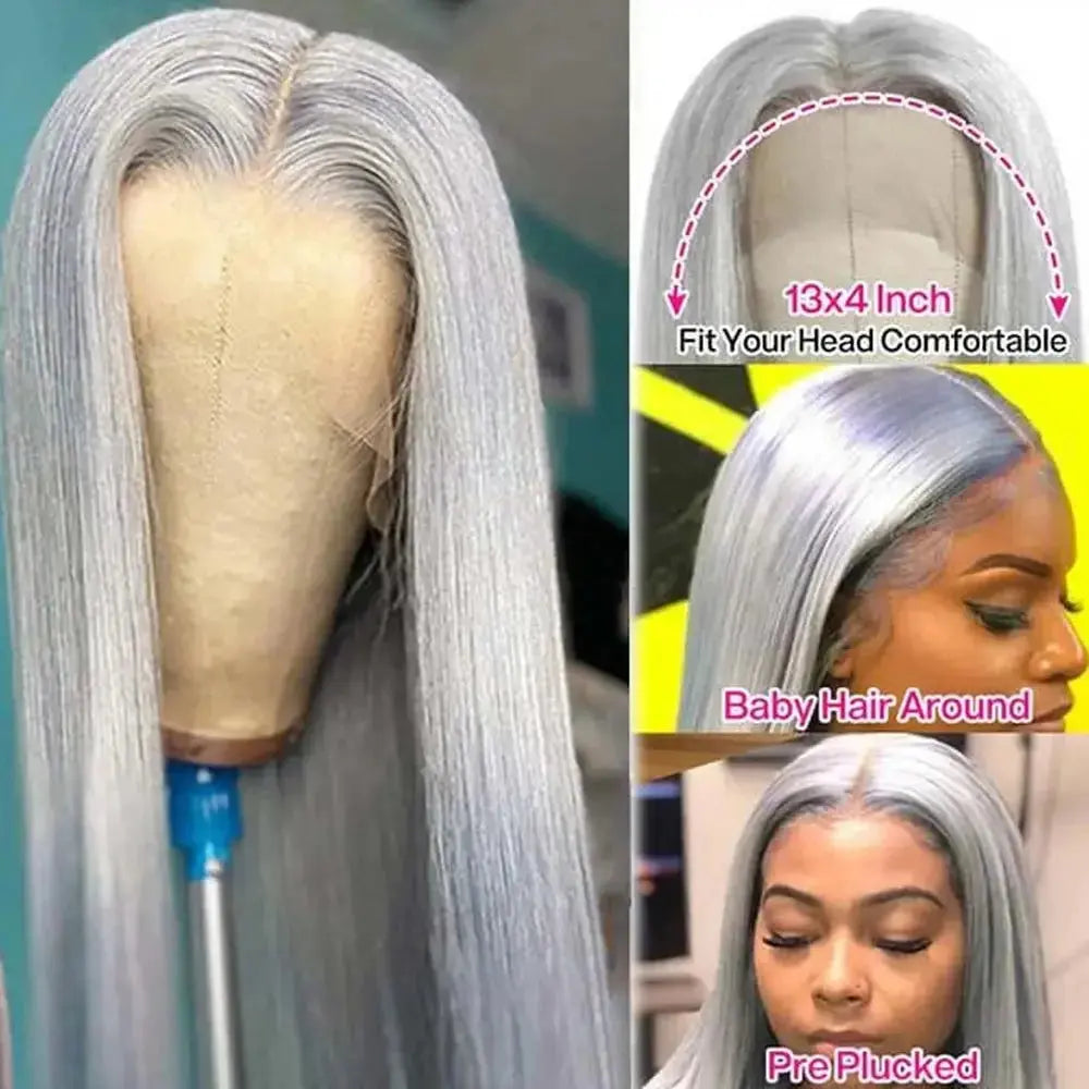 HD 13x6 Grey Lace Front Human Hair Wigs Glueless Brazilian Sliver Gray Colored Straight Transparent Lace Frontal Wig Pre Pucked T.L.H.M