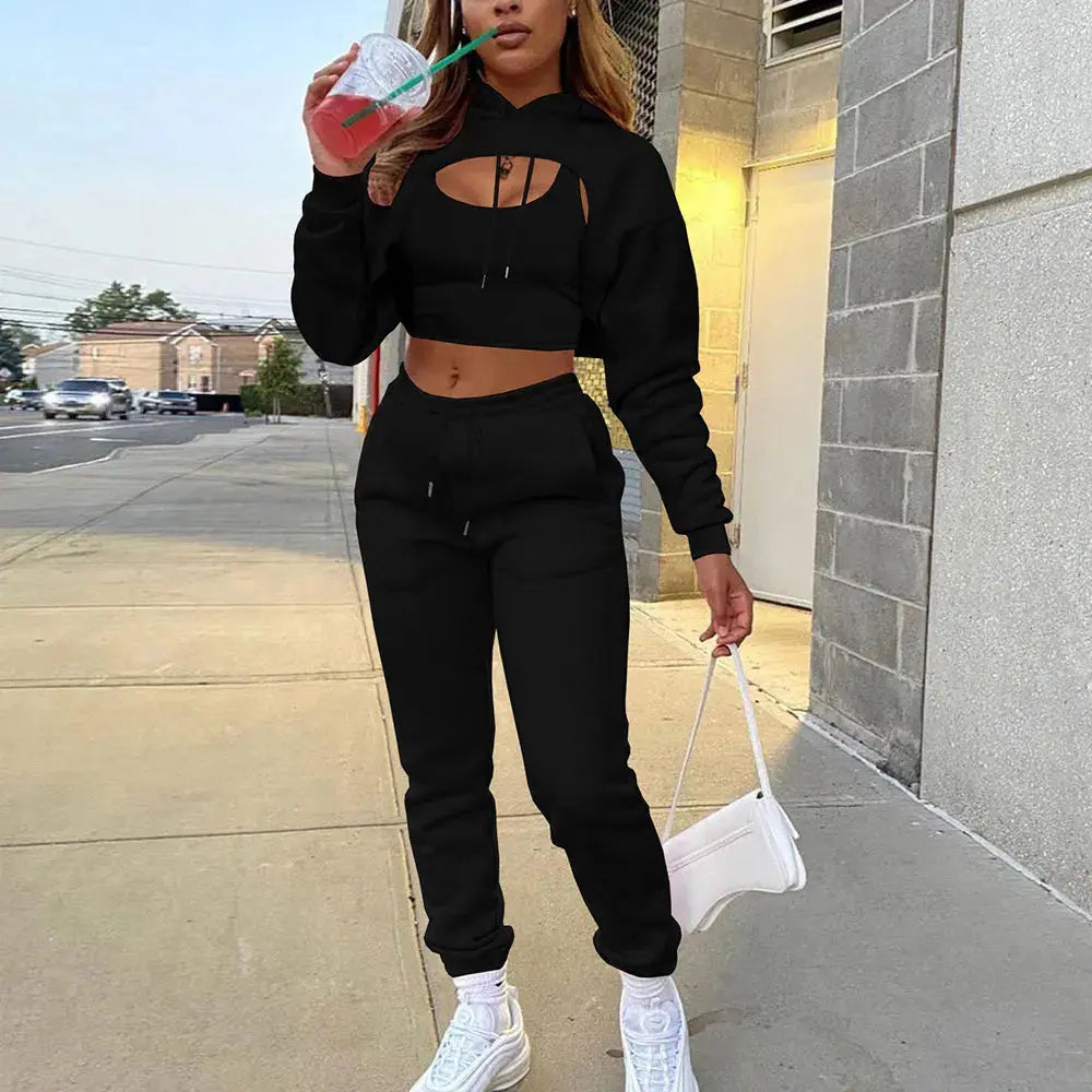 Women 3 Pieces Sets Sweatpants and Hoodie Set Cropped Tops Fleece Pants Suit Tracksuit Fitness Sport Jogger Outfit Clothing T.L.H.M