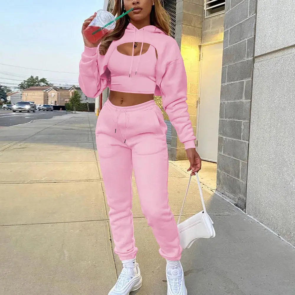 Women 3 Pieces Sets Sweatpants and Hoodie Set Cropped Tops Fleece Pants Suit Tracksuit Fitness Sport Jogger Outfit Clothing T.L.H.M