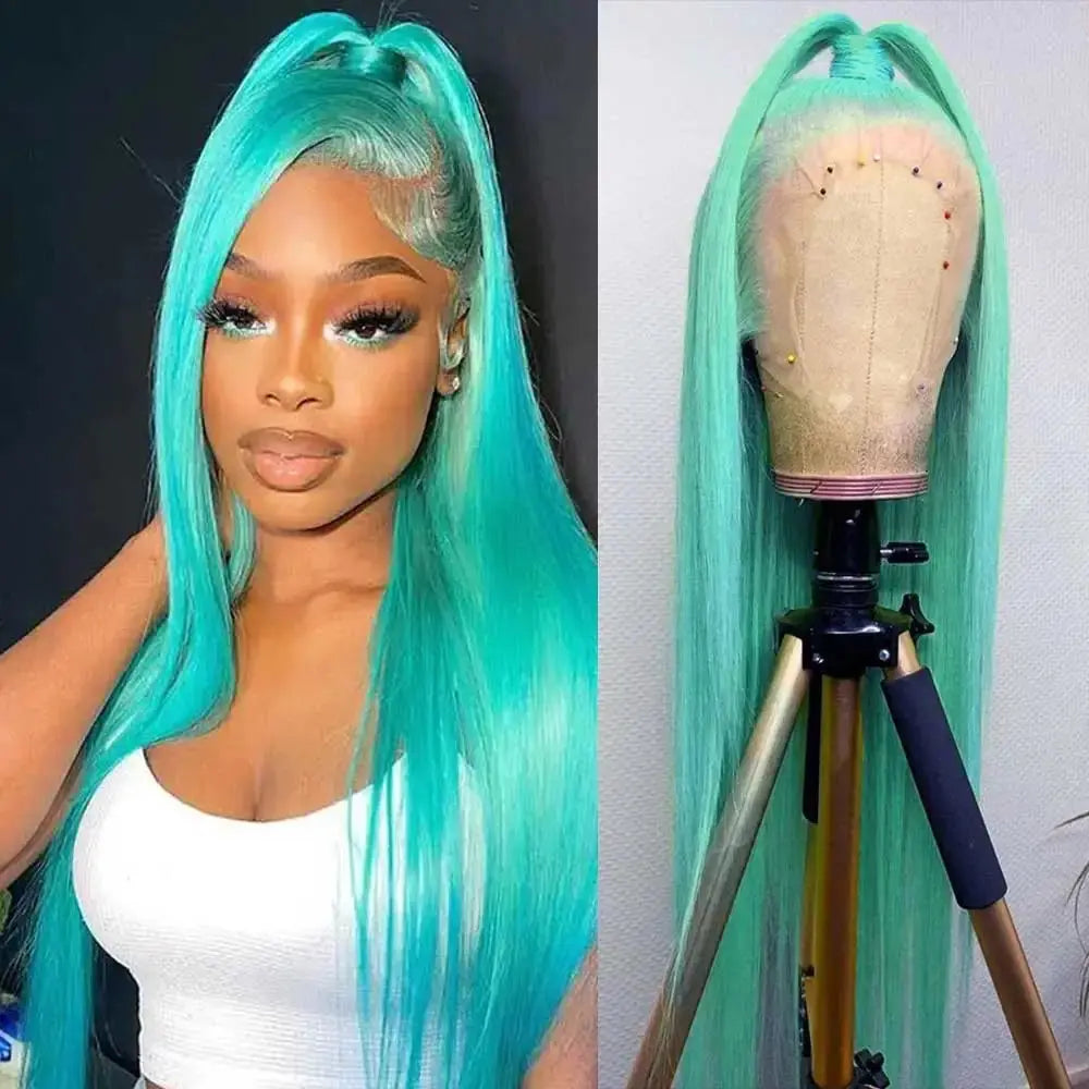 Mint Green Colored 13x4 HD Straight Human Hair/ Wigs Body Wave Pre Plucked Lace Front Wig T.L.H.M