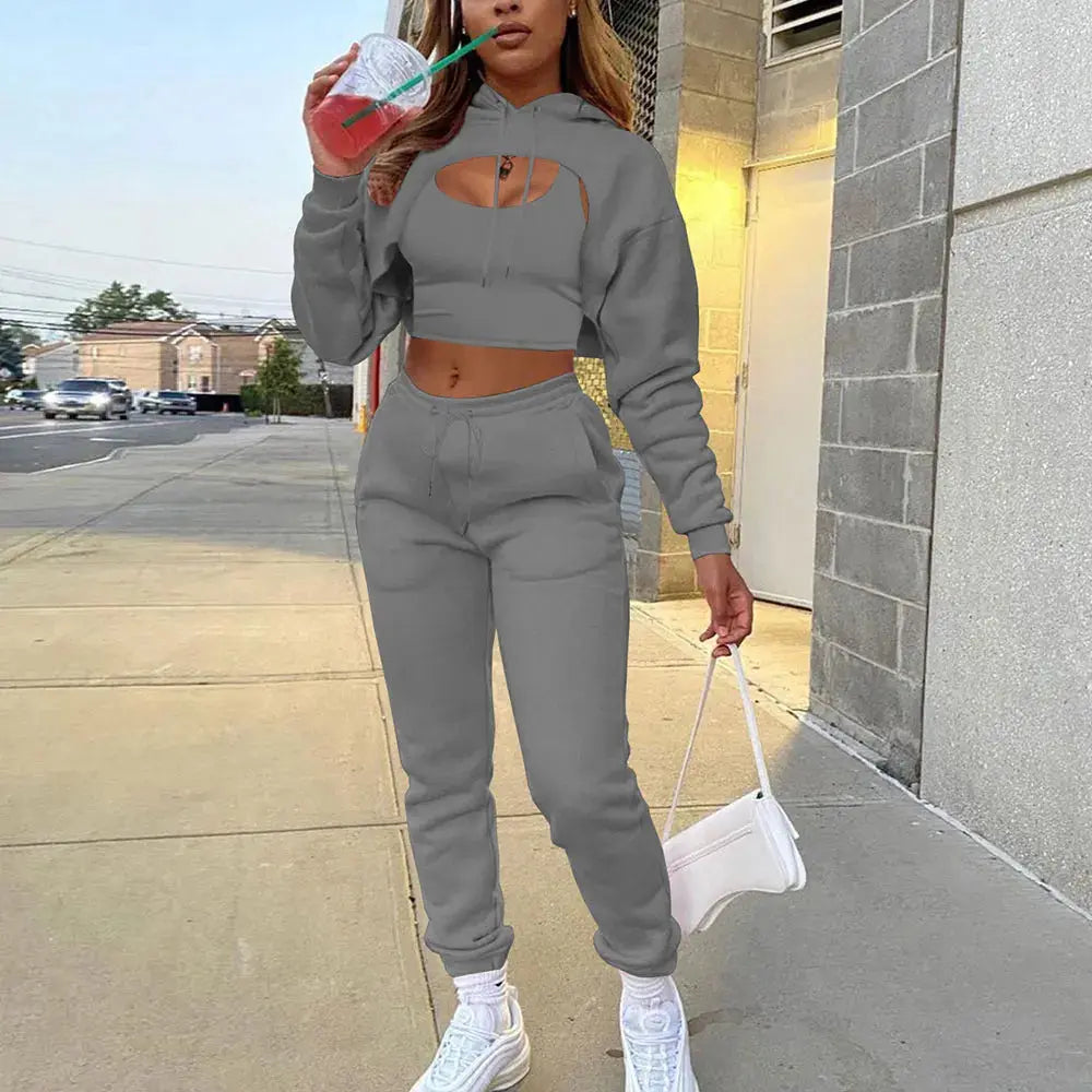 Women 3 Pieces Sets Sweatpants and Hoodie Set Cropped Tops Fleece Pants Suit Tracksuit Fitness Sport Jogger Outfit Clothing T.L.H.M