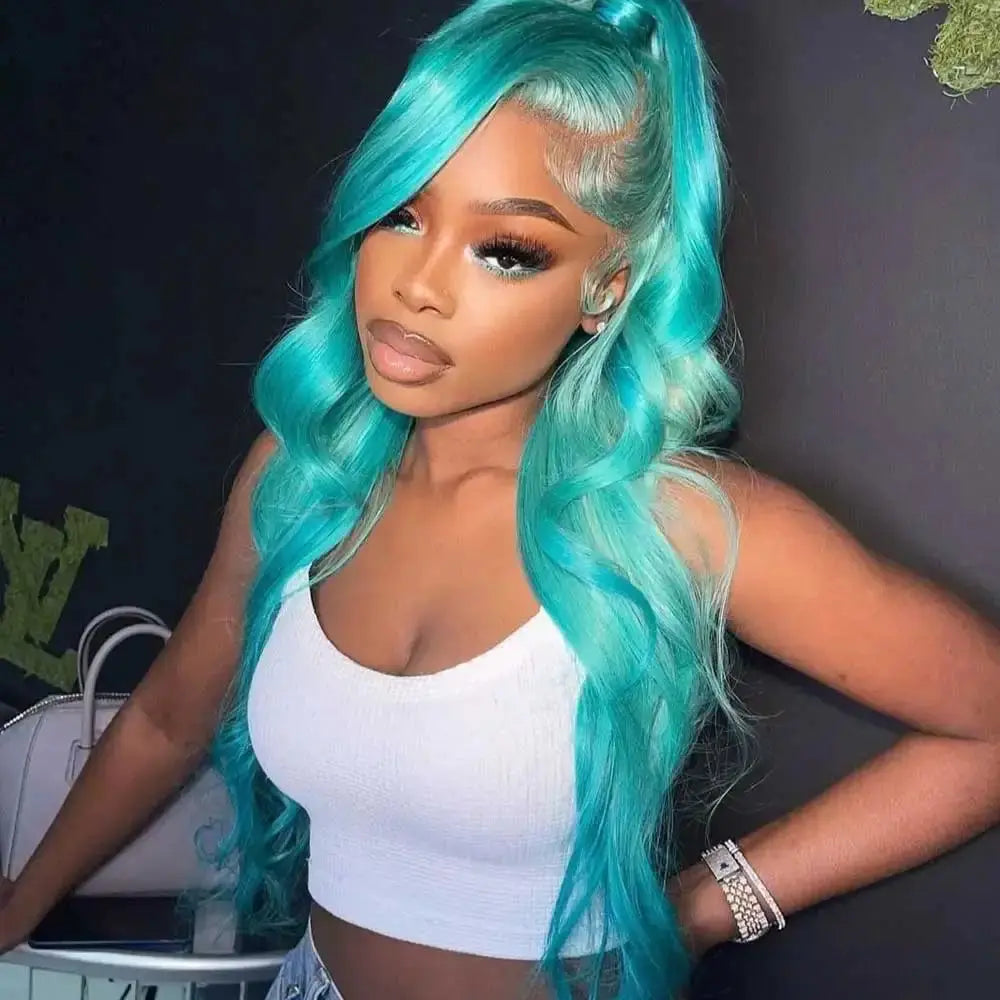 Mint Green Colored 13x4 HD Straight Human Hair/ Wigs Body Wave Pre Plucked Lace Front Wig T.L.H.M