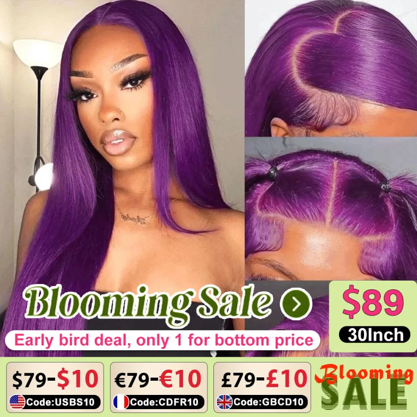 30 36 inch 200% High Density Human Hair Bone Straight Purple 13x4 Lace Glueless Go