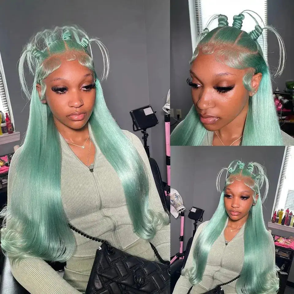 Light Mint Green Straight 13x4 Frontal Human Wig Pre Plucked T.L.H.M