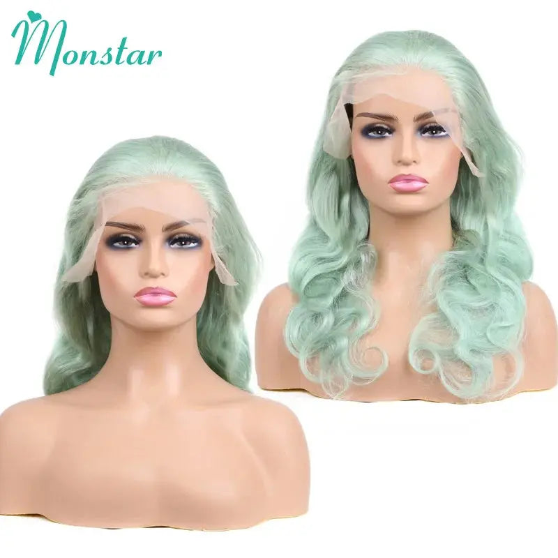 Mint Green Color Straight / Body Wave Lace Front Human Hair Wigs Transparent Lace T.L.H.M