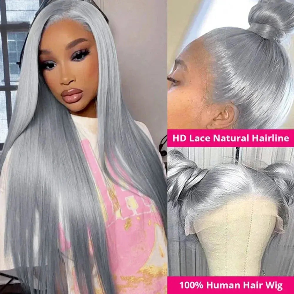 HD 13x6 Grey Lace Front Human Hair Wigs Glueless Brazilian Sliver Gray Colored Straight Transparent Lace Frontal Wig Pre Pucked T.L.H.M