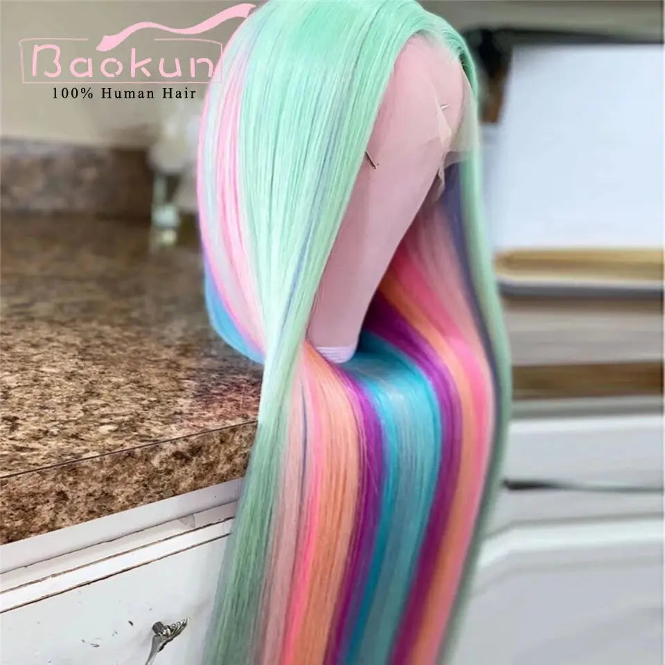 Rainbow Straight Lace Front Wig – Human Hair, Glueless, 13x4/13x6, Blue, Green, Purple, Pink T.L.H.M