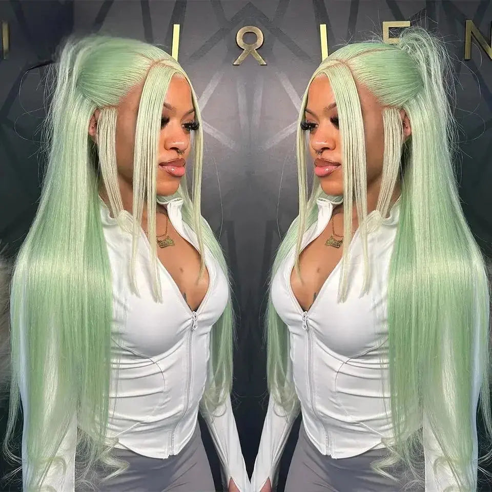 Light Mint Green Straight 13x4 Frontal Human Wig Pre Plucked T.L.H.M