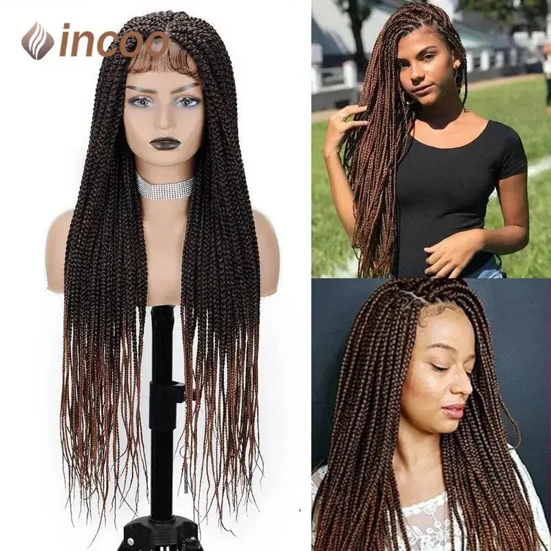 36" Full Lace Knotless Braided Wigs Black Small Box Square Hair Wigs T.L.H.M