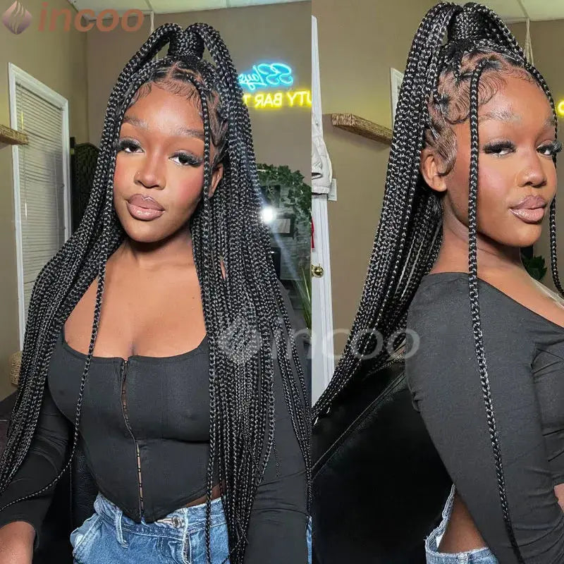 36" Full Lace Knotless Braided Wigs Black Small Box Square Hair Wigs T.L.H.M