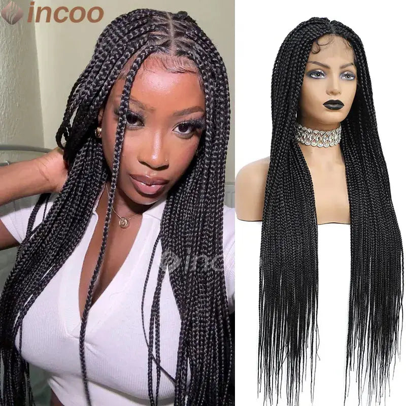 36" Full Lace Knotless Braided Wigs Black Small Box Square Hair Wigs T.L.H.M