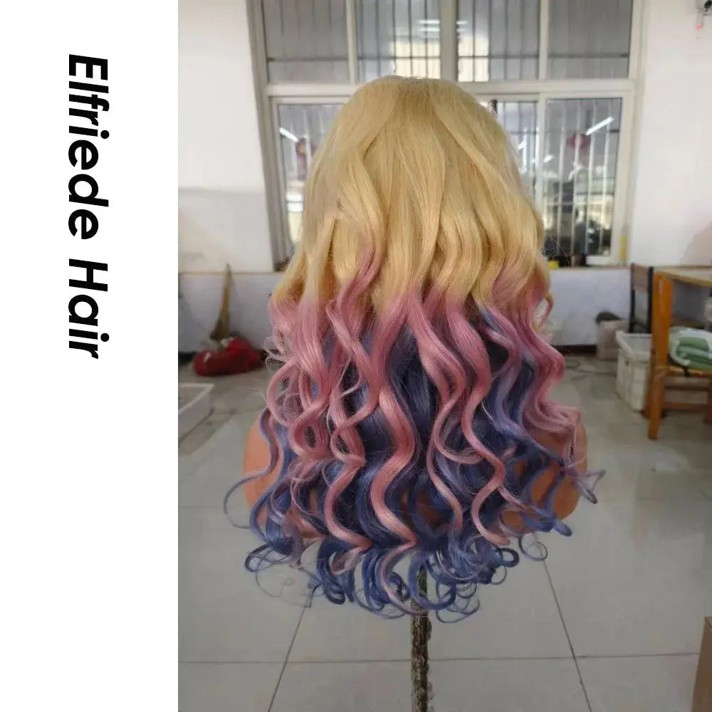 Elfriede #613/Pink/Blue Lace Loose Wave HD Lace Frontal Wig Colored Remy T.L.H.M