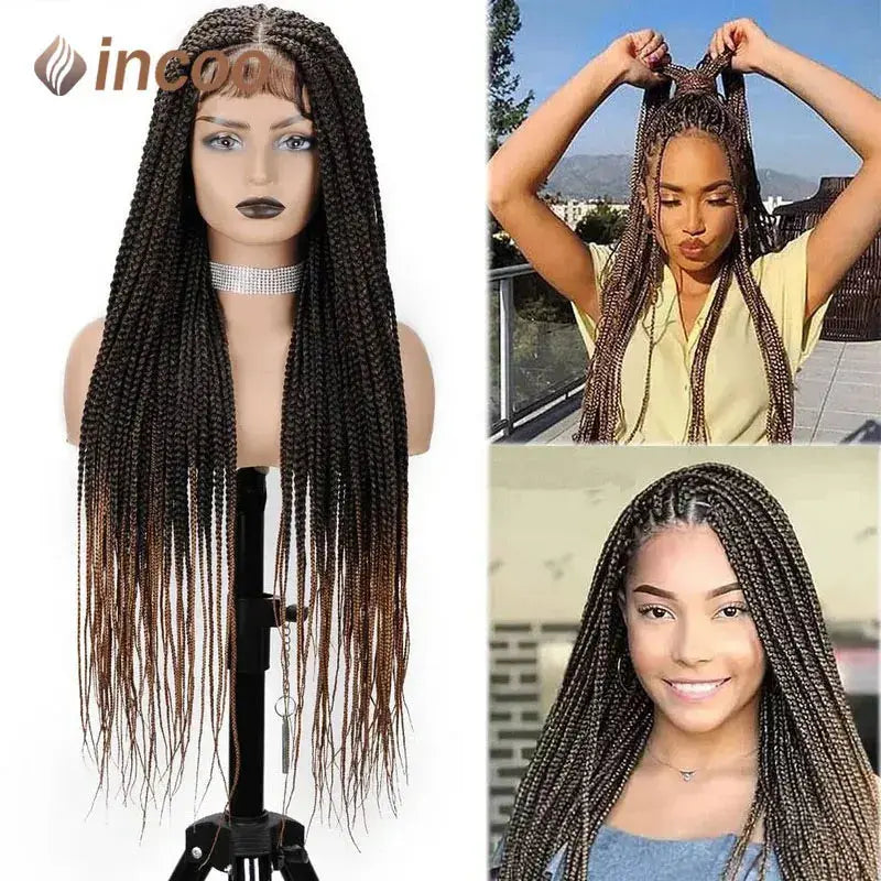 36" Full Lace Knotless Braided Wigs Black Small Box Square Hair Wigs T.L.H.M