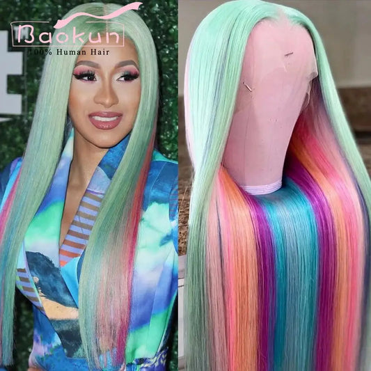 Rainbow Straight Lace Front Wig – Human Hair, Glueless, 13x4/13x6, Blue, Green, Purple, Pink T.L.H.M