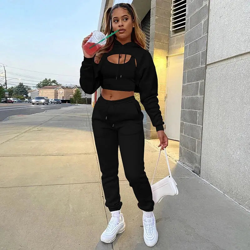 Women 3 Pieces Sets Sweatpants and Hoodie Set Cropped Tops Fleece Pants Suit Tracksuit Fitness Sport Jogger Outfit Clothing T.L.H.M