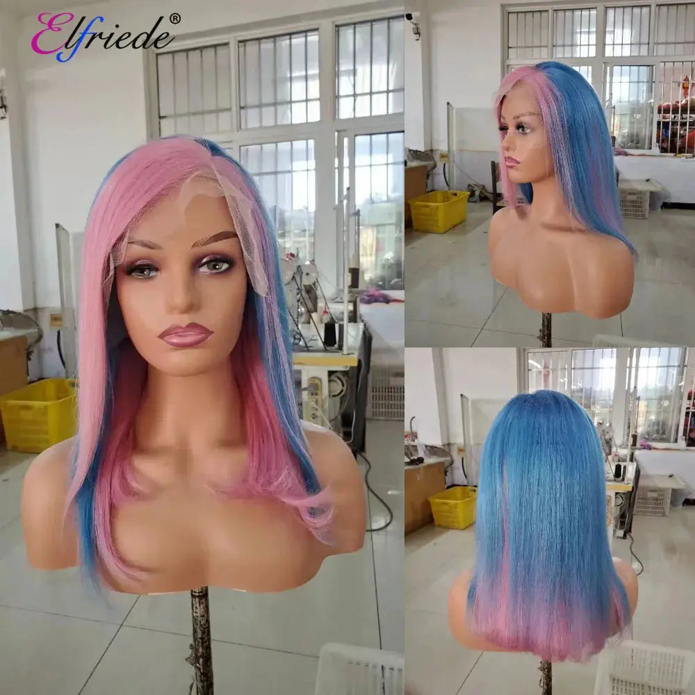 Elfriede Blue/Pink Straight Colored Lace Front Wigs Transparent Lace 100% Human Hair T.L.H.M