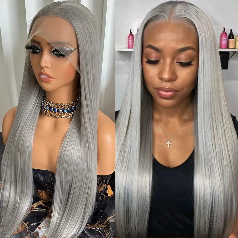 HD 13x6 Grey Lace Front Human Hair Wigs Glueless Brazilian Sliver Gray Colored Straight Transparent Lace Frontal Wig Pre Pucked T.L.H.M