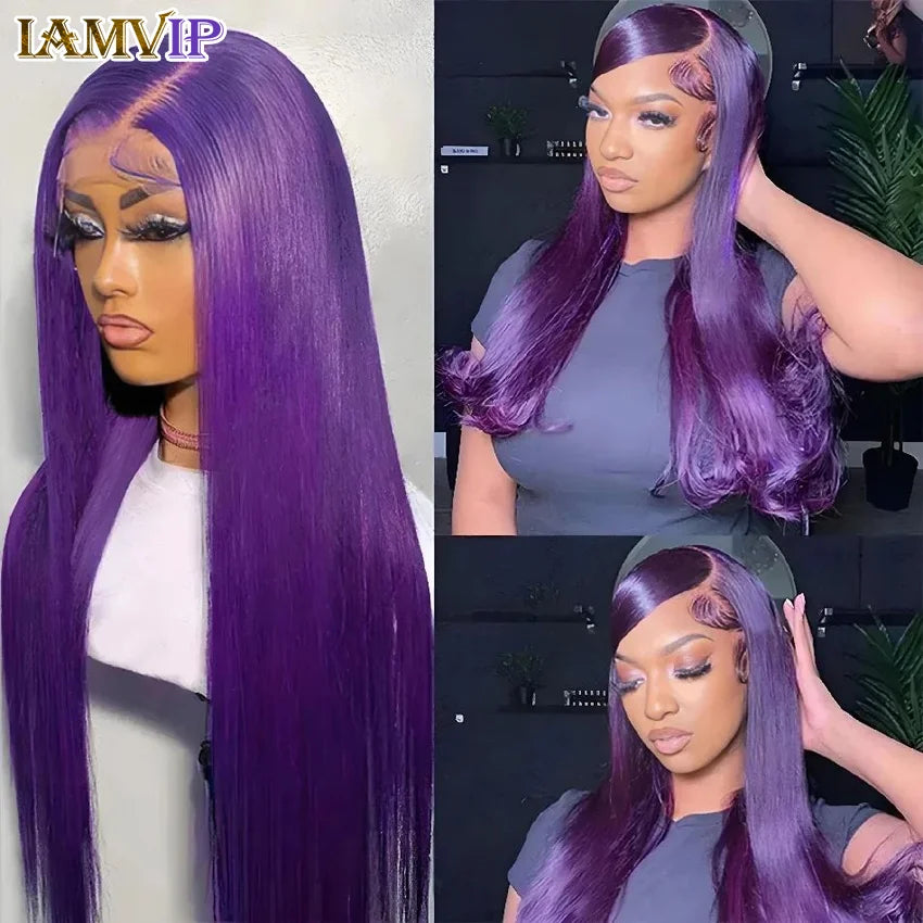 30 36 inch 200% High Density Human Hair Bone Straight Purple 13x4 Lace Glueless Go